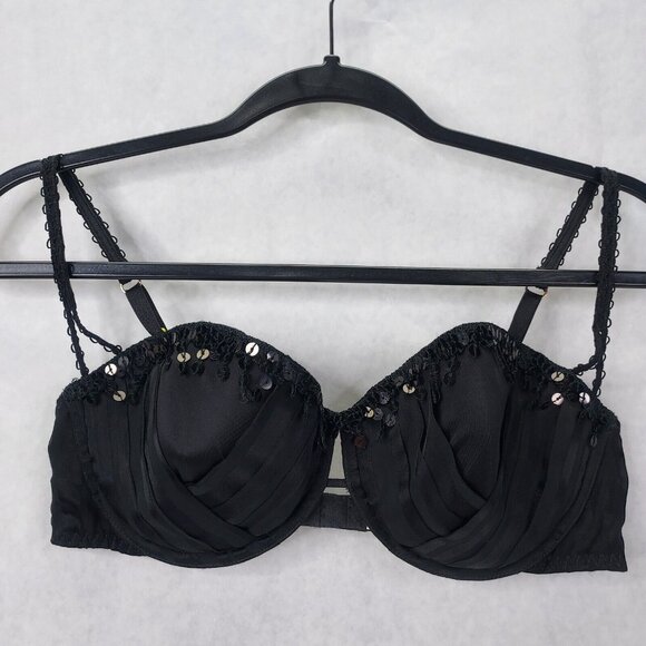 Victoria Secret Bra 36C Very Sexy Lined Demi Sequins Satin Stripe Black Padded - Picture 1 of 11
